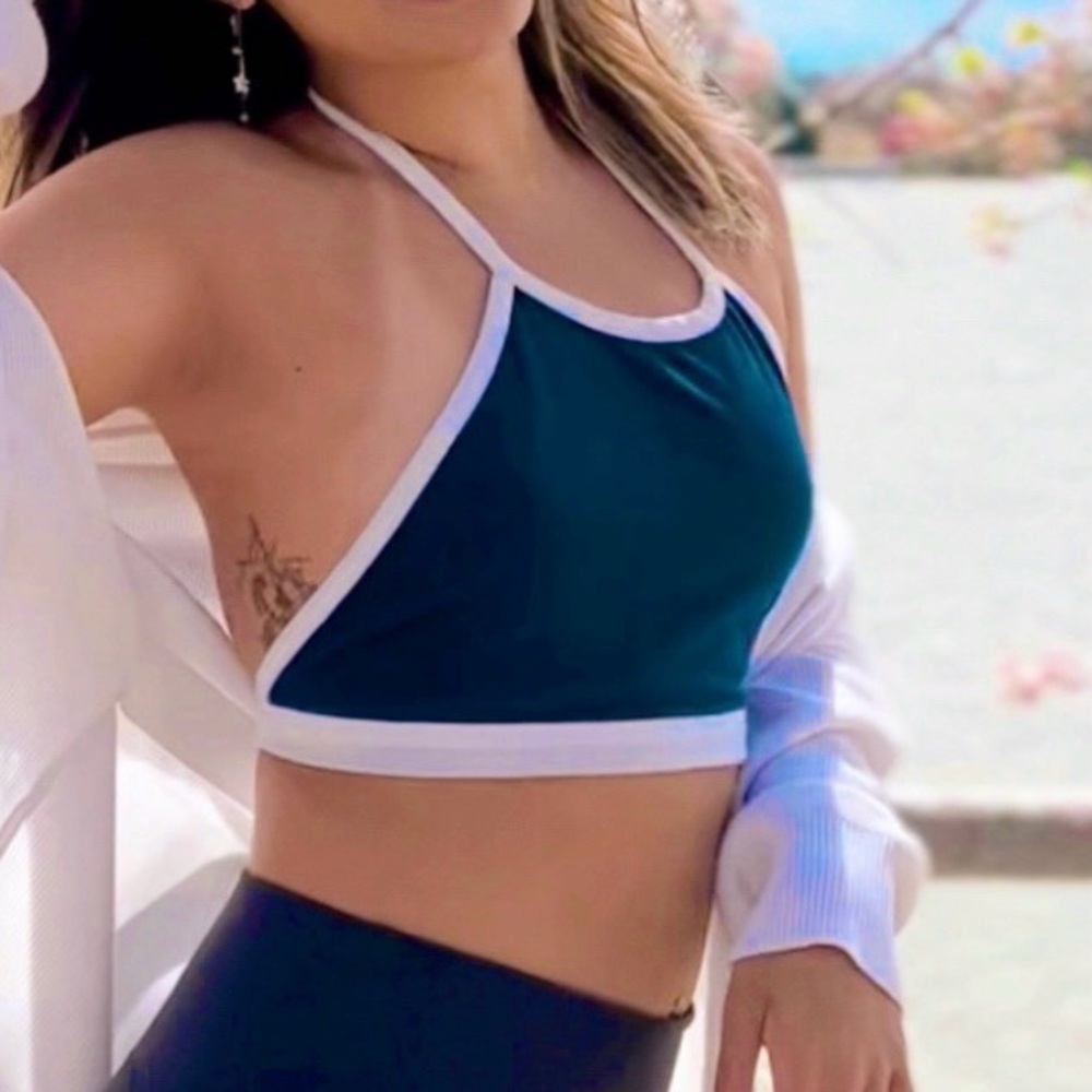 UO Blue Halter Neck Tie-Back Crop Top